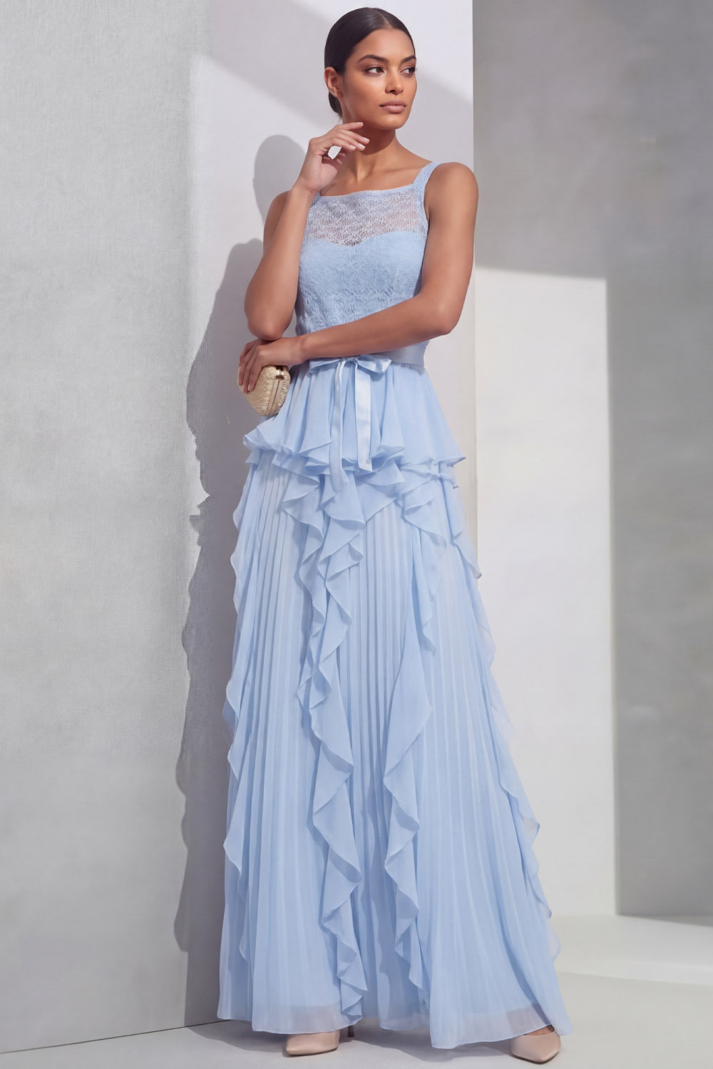 Sky Blue Prom Dress A-Line Straps Chiffon Maxi Dress with Ruffle