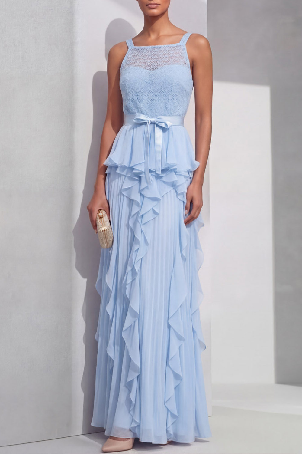 Sky Blue Prom Dress A-Line Straps Chiffon Maxi Dress with Ruffle