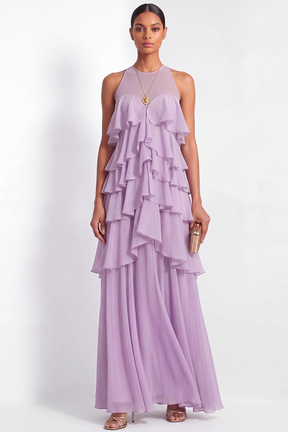 Lilac Formal Dress A-Line Round Neck Tiered Chiffon Maxi Dress
