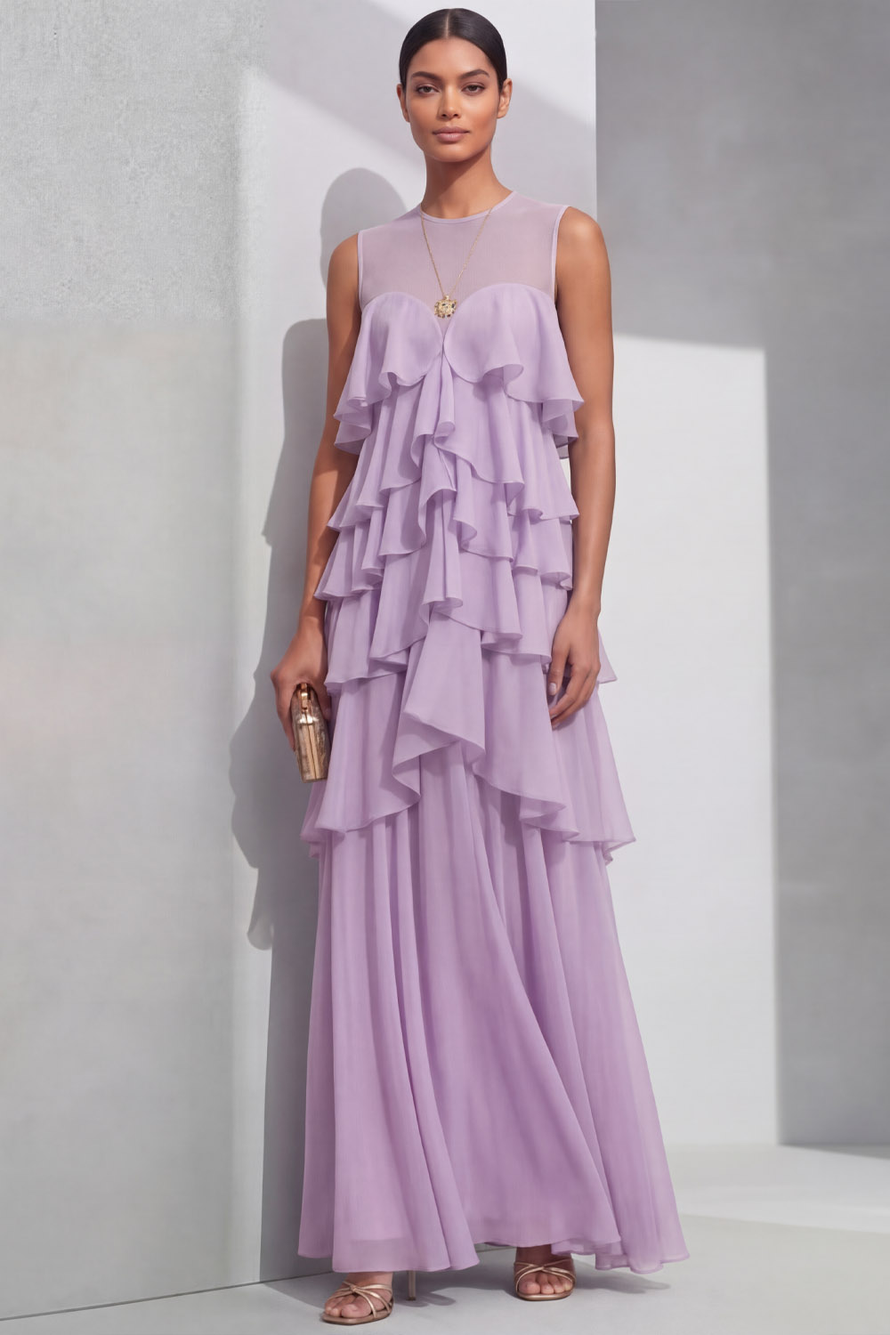Lilac Prom Dress A-Line Round Neck Tiered Chiffon Maxi Dress