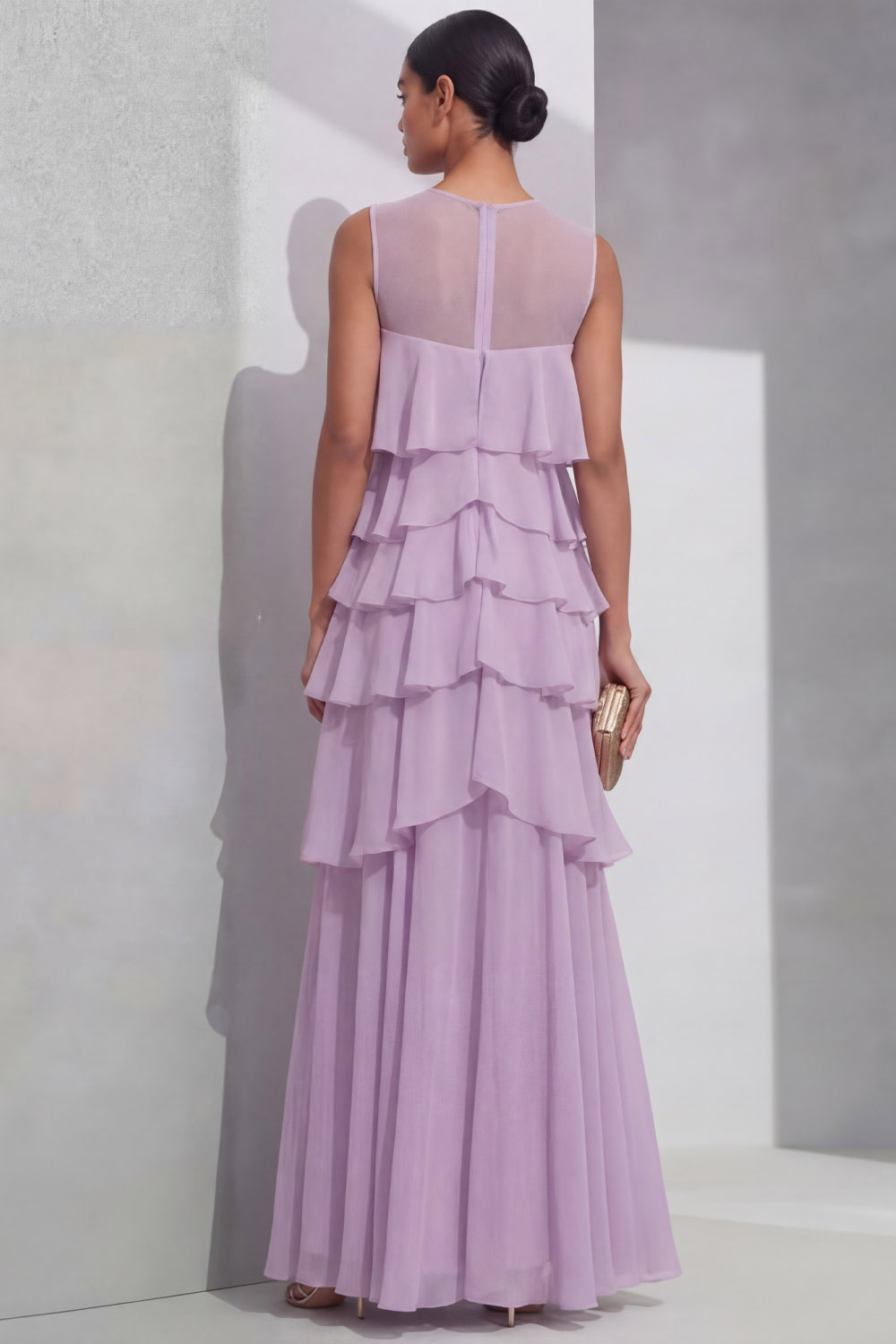 Lilac Prom Dress A-Line Round Neck Tiered Chiffon Maxi Dress
