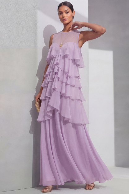 Lilac Prom Dress A-Line Round Neck Tiered Chiffon Maxi Dress