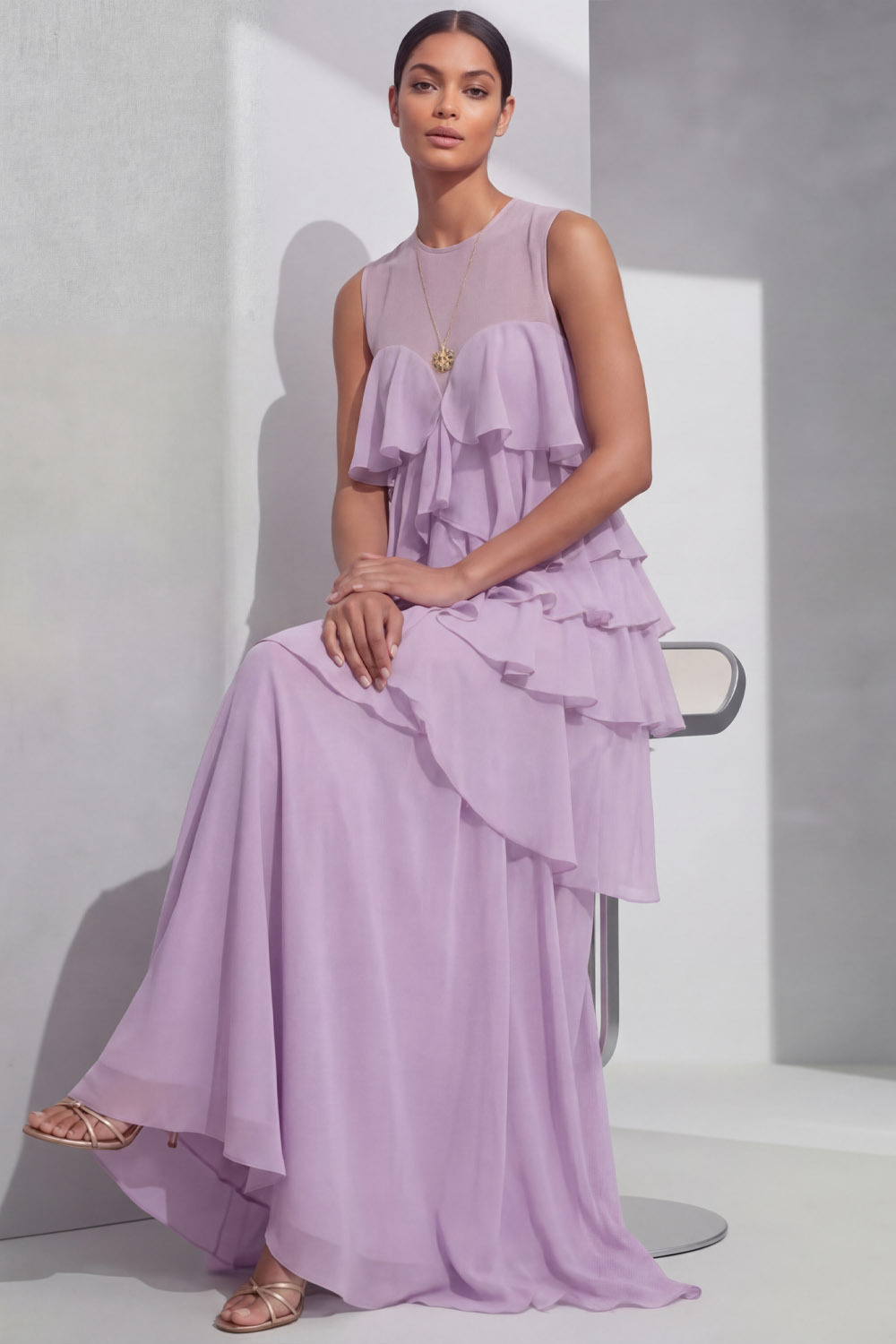 Lilac Prom Dress A-Line Round Neck Tiered Chiffon Maxi Dress