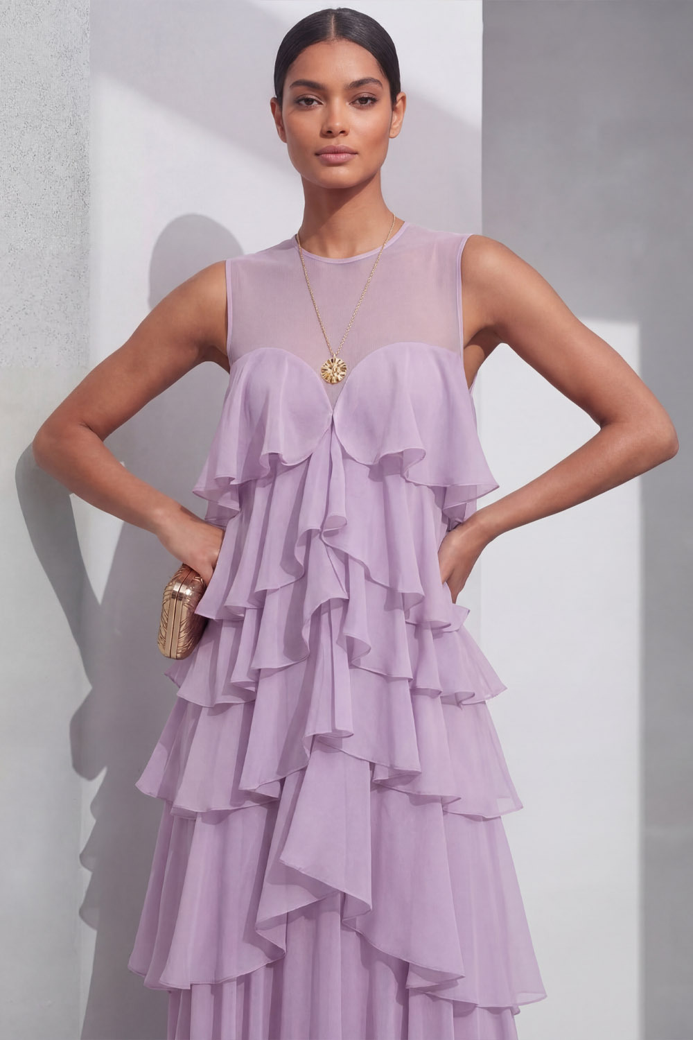 Lilac Prom Dress A-Line Round Neck Tiered Chiffon Maxi Dress