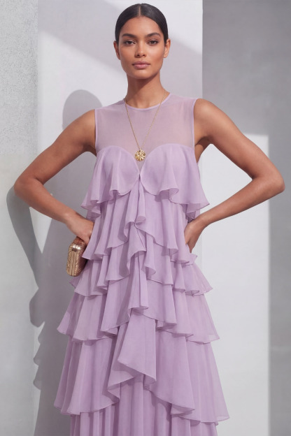 Lilac Prom Dress A-Line Round Neck Tiered Chiffon Maxi Dress