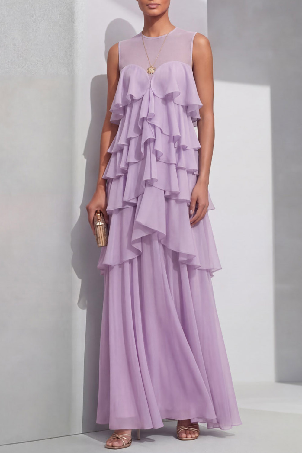 Lilac Prom Dress A-Line Round Neck Tiered Chiffon Maxi Dress