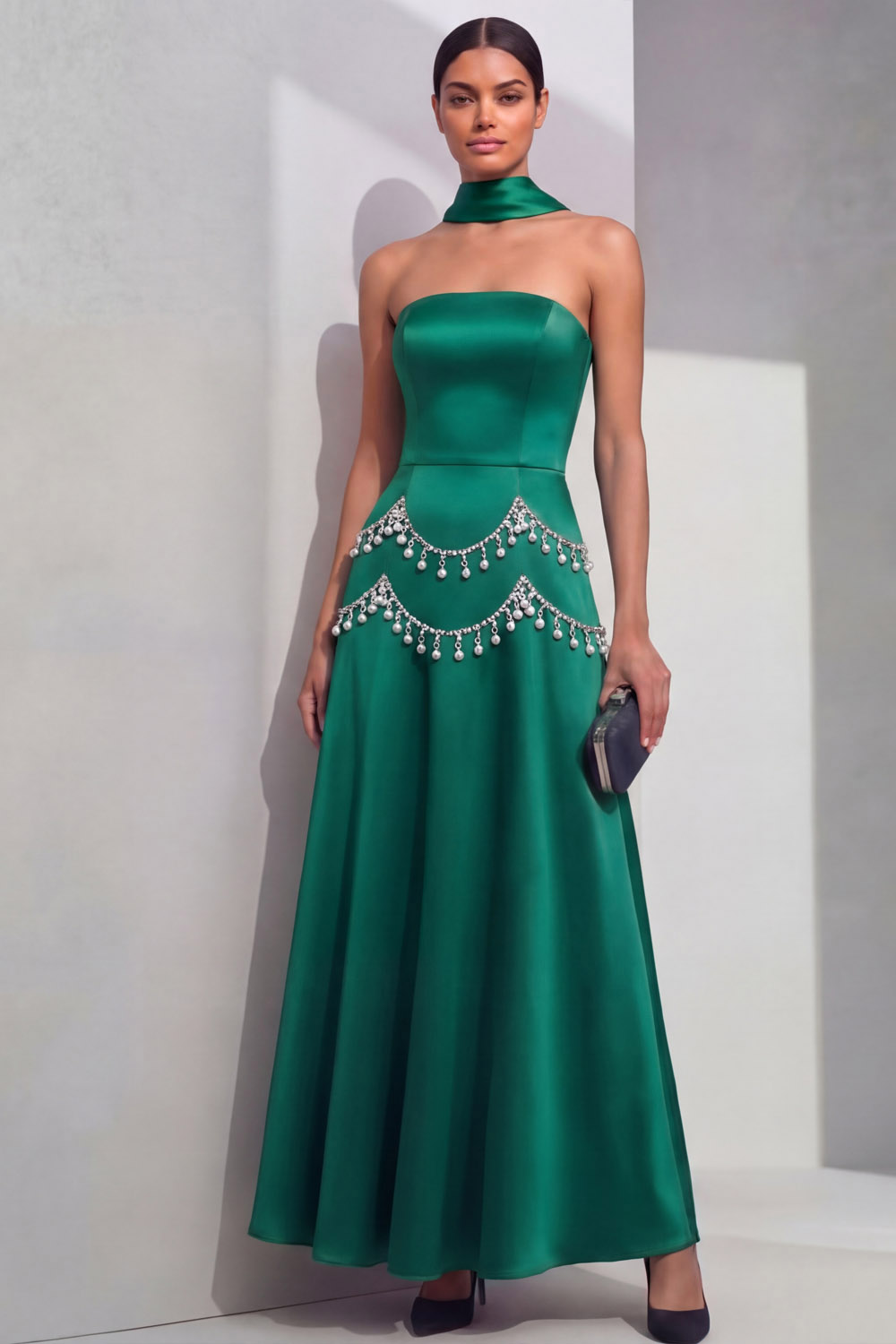 Emerald Green Prom Dress A-Line Strapless Beaded Satin Maxi Dress