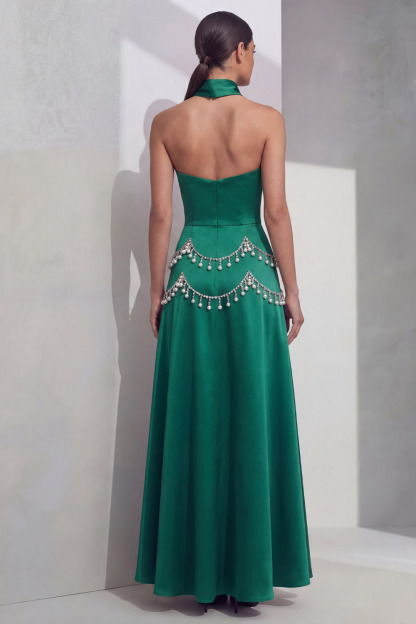 Emerald Green Prom Dress A-Line Strapless Beaded Satin Maxi Dress