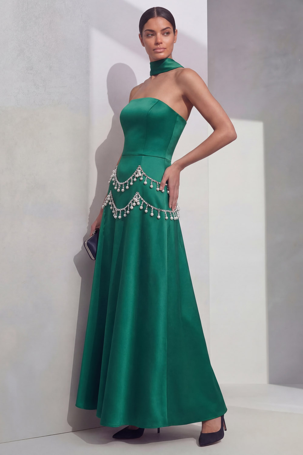 Emerald Green Prom Dress A-Line Strapless Beaded Satin Maxi Dress