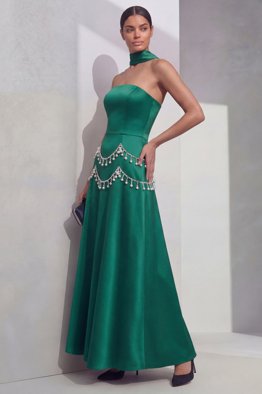 Emerald Green Prom Dress A-Line Strapless Beaded Satin Maxi Dress