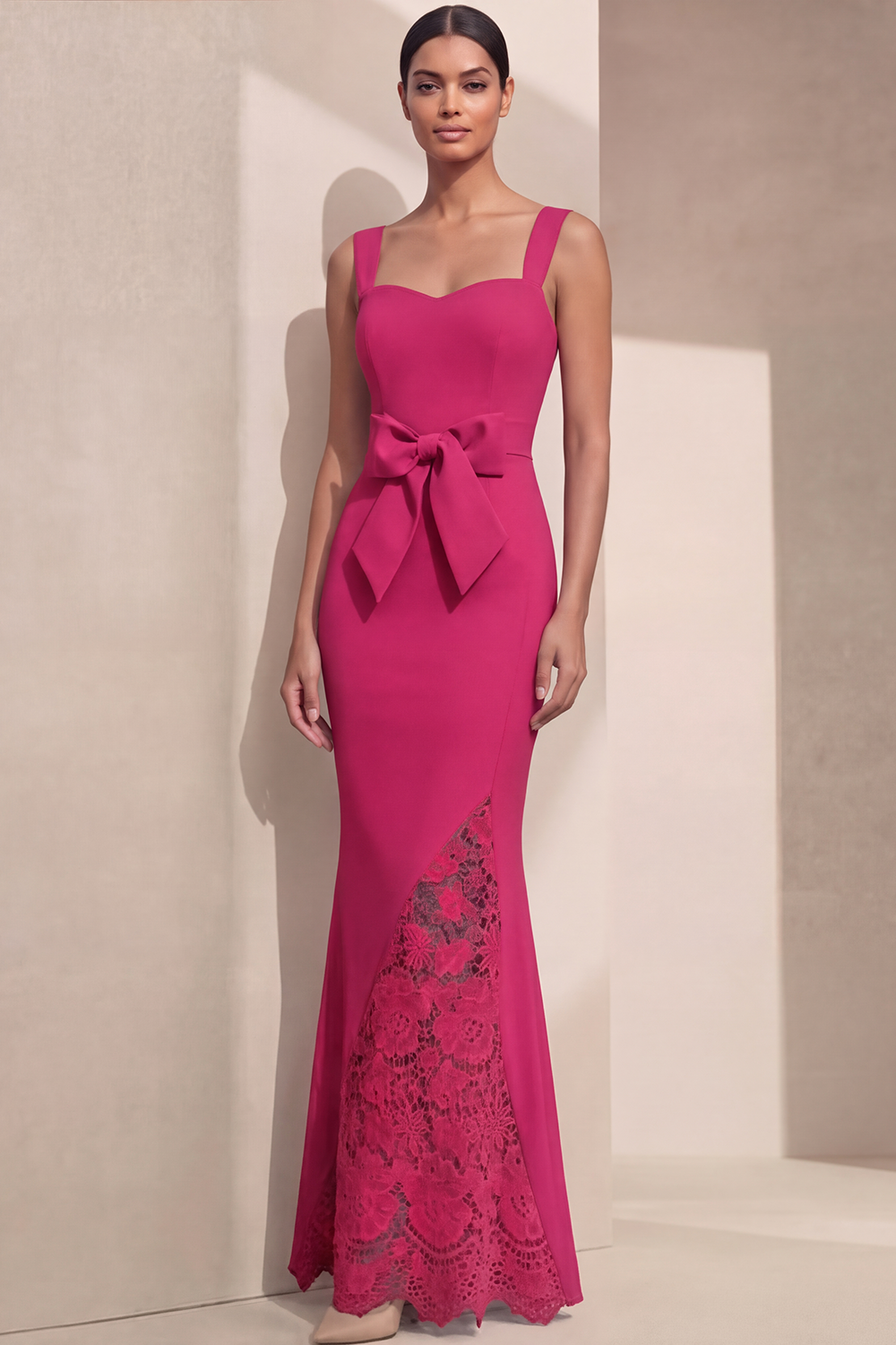 Navy Formal Evening Dress Mermaid Straps Maxi Dress with Bow