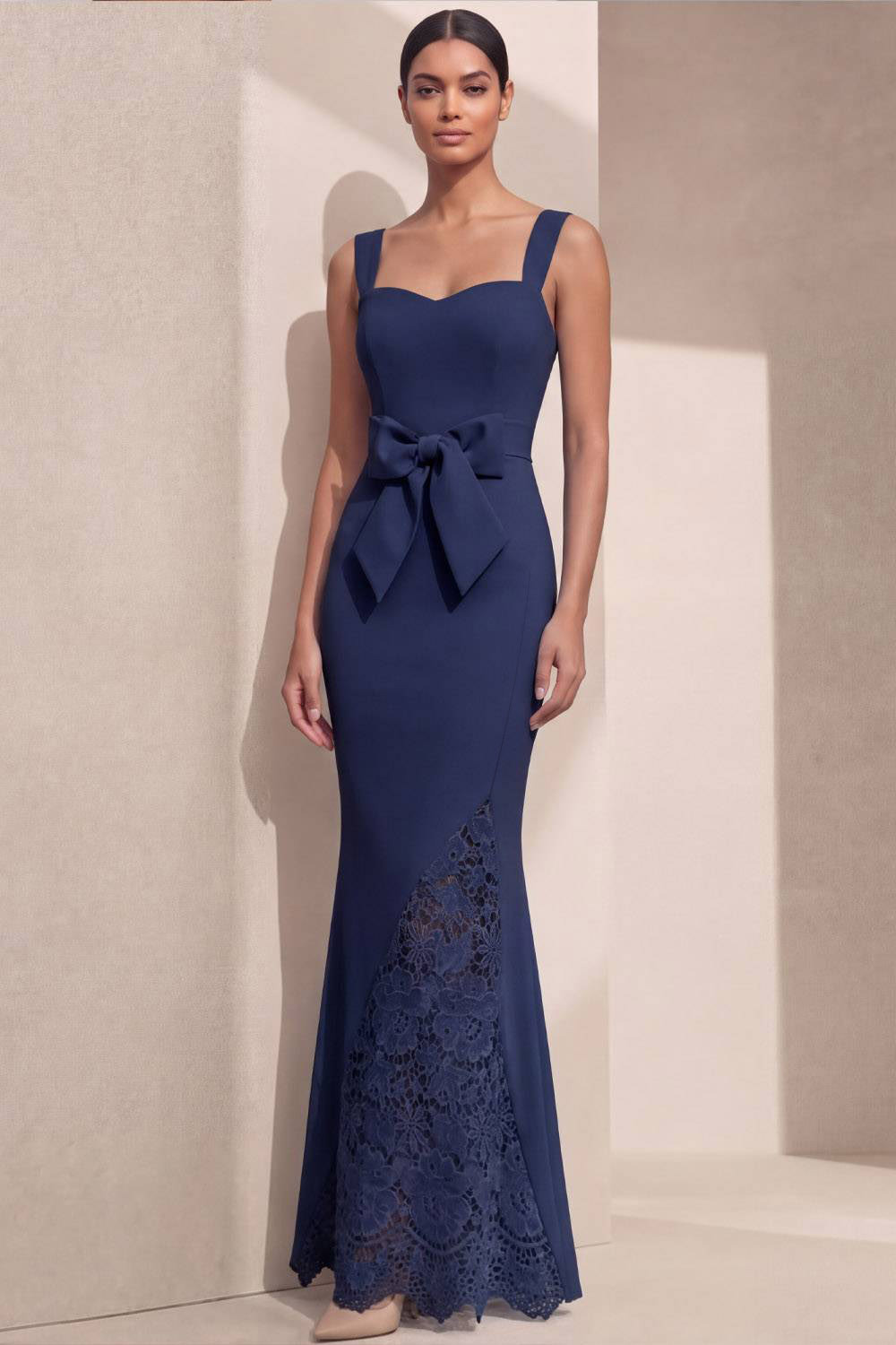 Navy Formal Evening Dress Mermaid Straps Maxi Dress with Bow