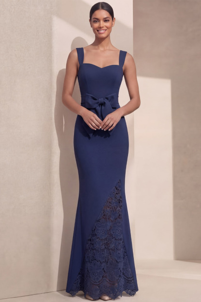 Navy Formal Evening Dress Mermaid Straps Maxi Dress with Bow