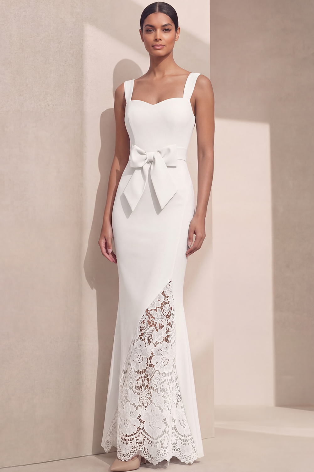 Navy Formal Evening Dress Mermaid Straps Maxi Dress with Bow