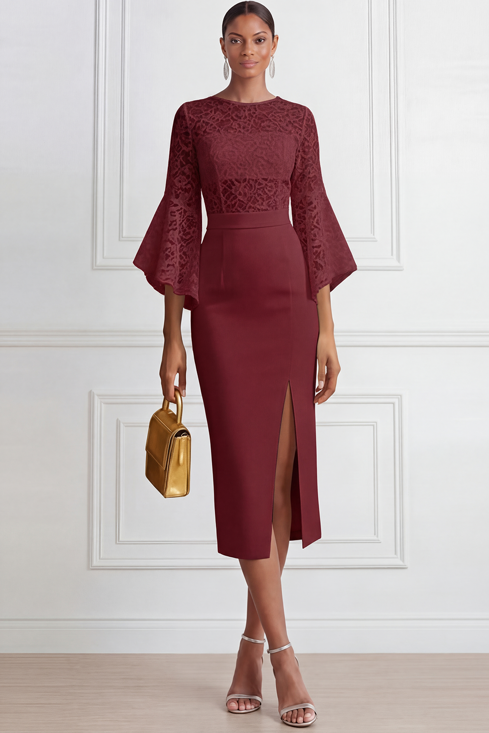 White Cocktail Party Dress​​ Sheath Lace Midi Dress with Slit