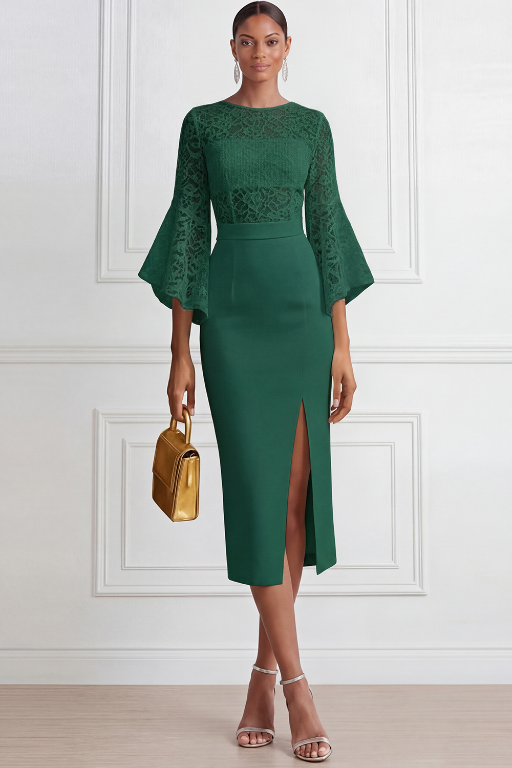 White Cocktail Party Dress​​ Sheath Lace Midi Dress with Slit