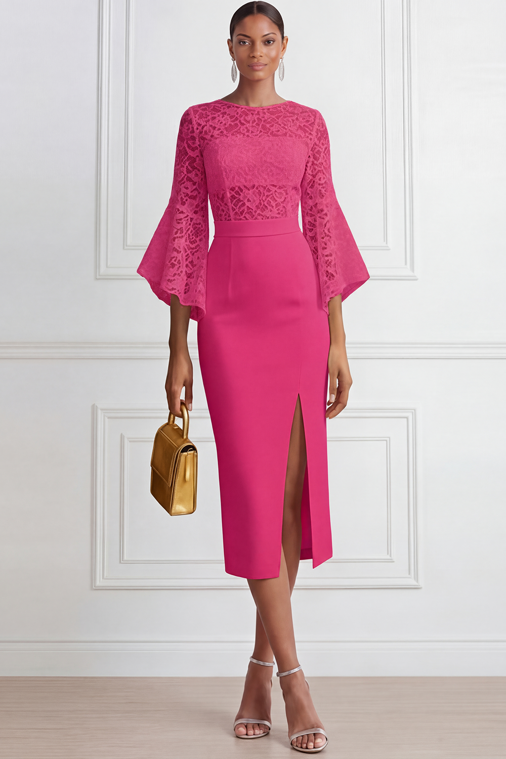 White Cocktail Party Dress​​ Sheath Lace Midi Dress with Slit