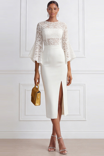 White Cocktail Party Dress​​ Sheath Lace Midi Dress with Slit