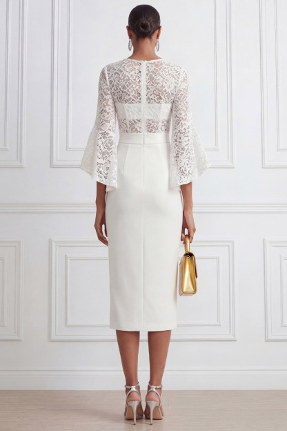 White Cocktail Party Dress​​ Sheath Lace Midi Dress with Slit