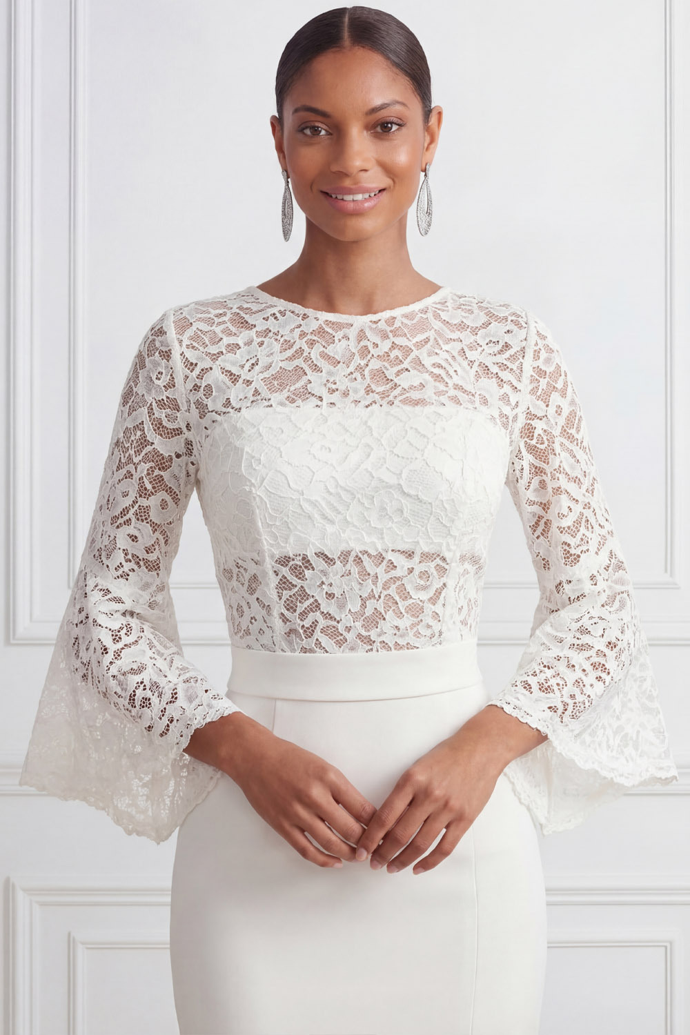 White Cocktail Party Dress​​ Sheath Lace Midi Dress with Slit