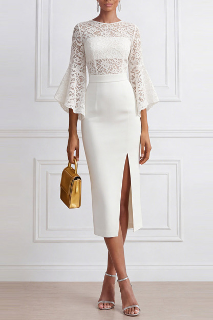 White Cocktail Party Dress​​ Sheath Lace Midi Dress with Slit