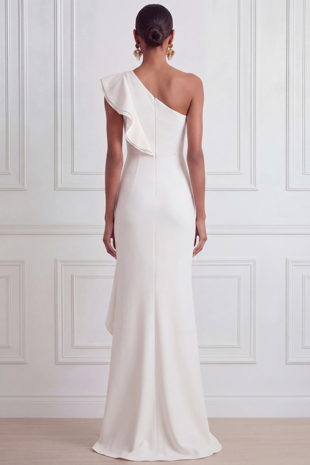 White Formal Evening Dress Sheath One Shoulder Maxi Dress with Ruffle