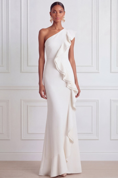 White Formal Evening Dress Sheath One Shoulder Maxi Dress with Ruffle
