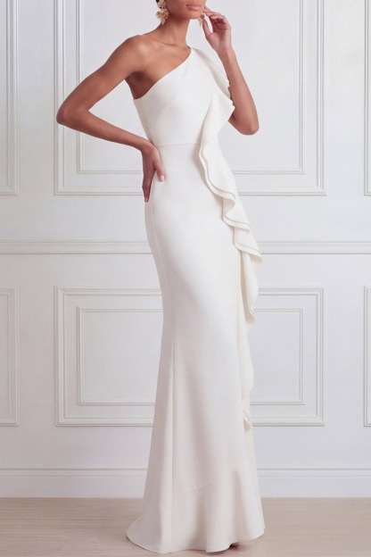 White Formal Evening Dress Sheath One Shoulder Maxi Dress with Ruffle