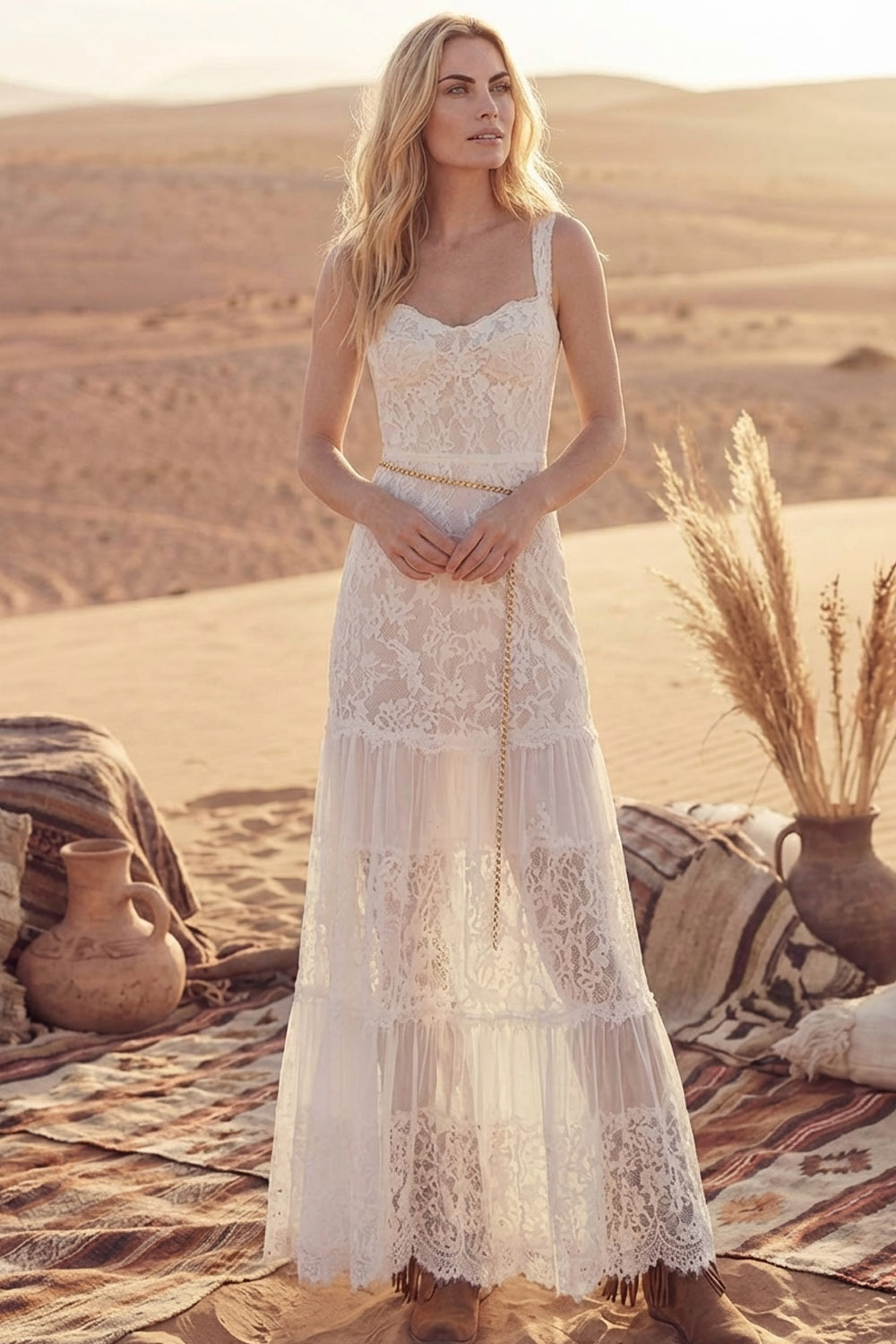 White Bohemian Dress A-Line Wide Straps Lace Maxi Dress