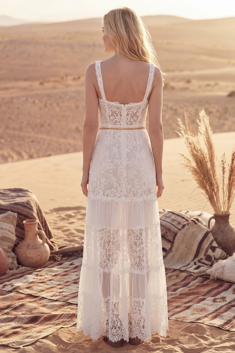 White Bohemian Dress A-Line Wide Straps Lace Maxi Dress