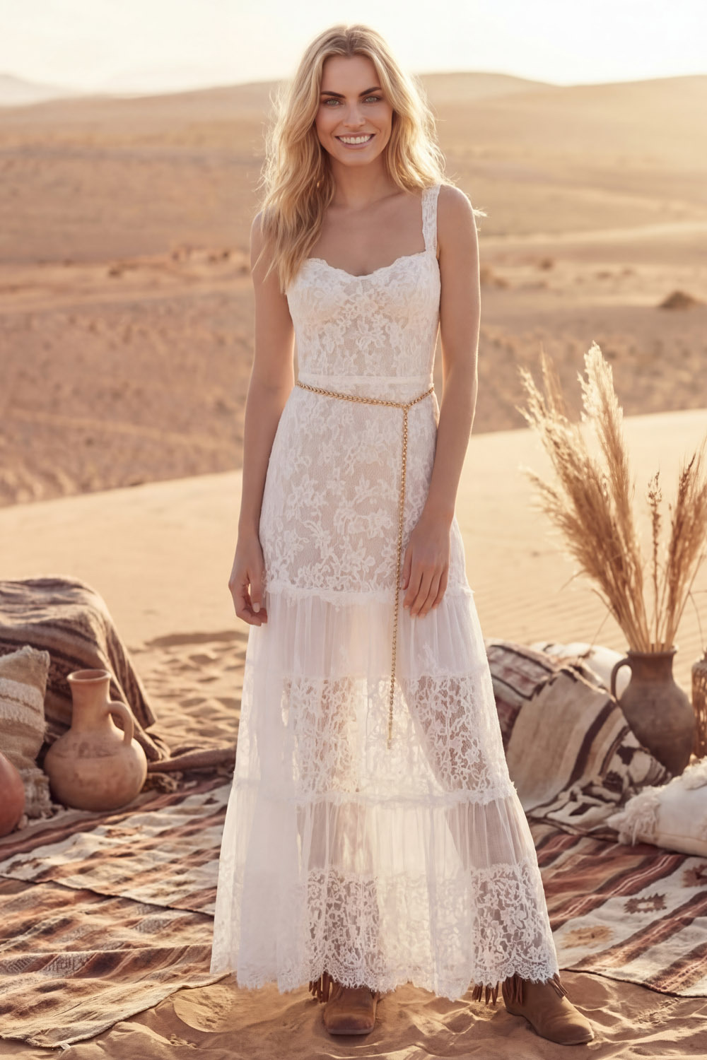 White Bohemian Dress A-Line Wide Straps Lace Maxi Dress