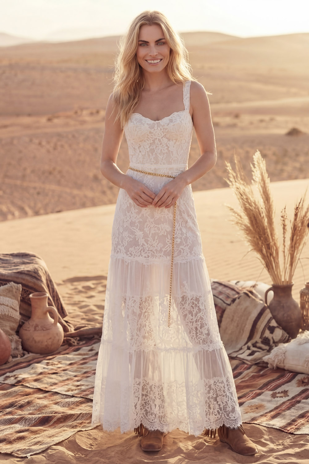 White Bohemian Dress A-Line Wide Straps Lace Maxi Dress