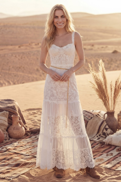 White Bohemian Dress A-Line Wide Straps Lace Maxi Dress