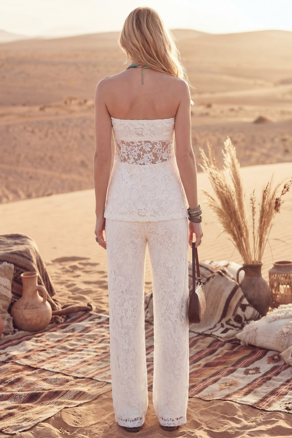 White Bohemia Suit Set Strapless Lace Two-Piece Pants Set