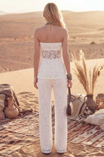 White Bohemia Suit Set Strapless Lace Two-Piece Pants Set