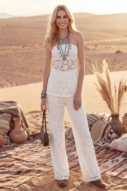 White Bohemia Suit Set Strapless Lace Two-Piece Pants Set