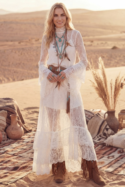 White Bohemian Dress High Neck Long Sleeve Lace Maxi Dress
