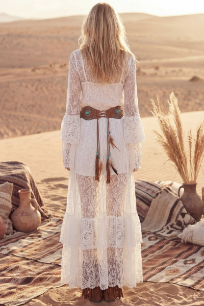 White Bohemian Dress High Neck Long Sleeve Lace Maxi Dress