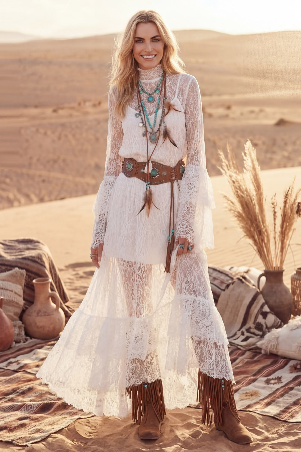 White Bohemian Dress High Neck Long Sleeve Lace Maxi Dress
