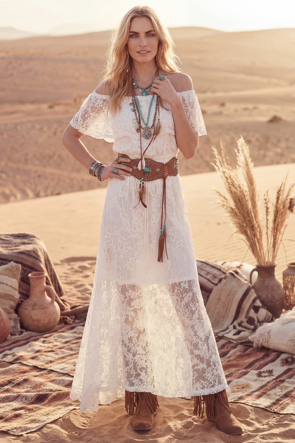 White Boho Dress A-Line Off the Shoulder Lace Maxi Dress