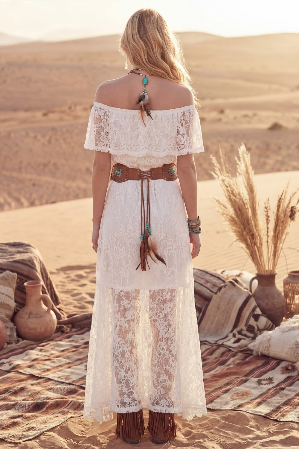 White Boho Dress A-Line Off the Shoulder Lace Maxi Dress