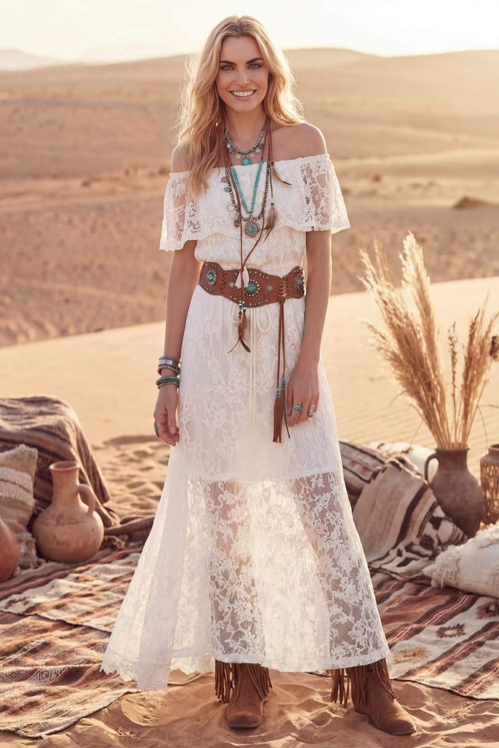 White Boho Dress A-Line Off the Shoulder Lace Maxi Dress