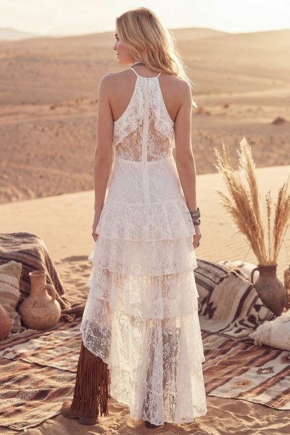 White Boho Dress Halter Tiered Lace High-Low Dress with Ruffle