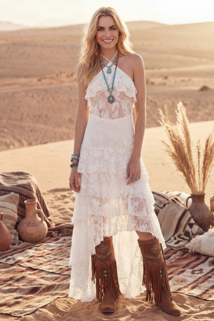 White Boho Dress Halter Tiered Lace High-Low Dress with Ruffle