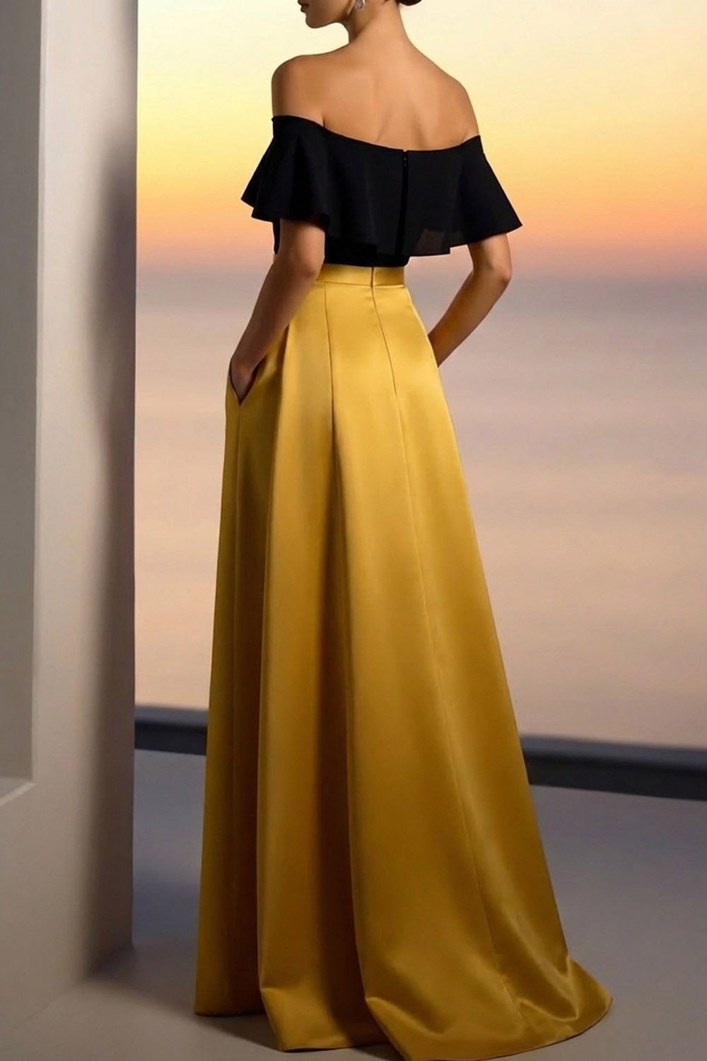 Golden Formal Dress A-Line Off the Shoulder Satin Maxi Dress with Pocket