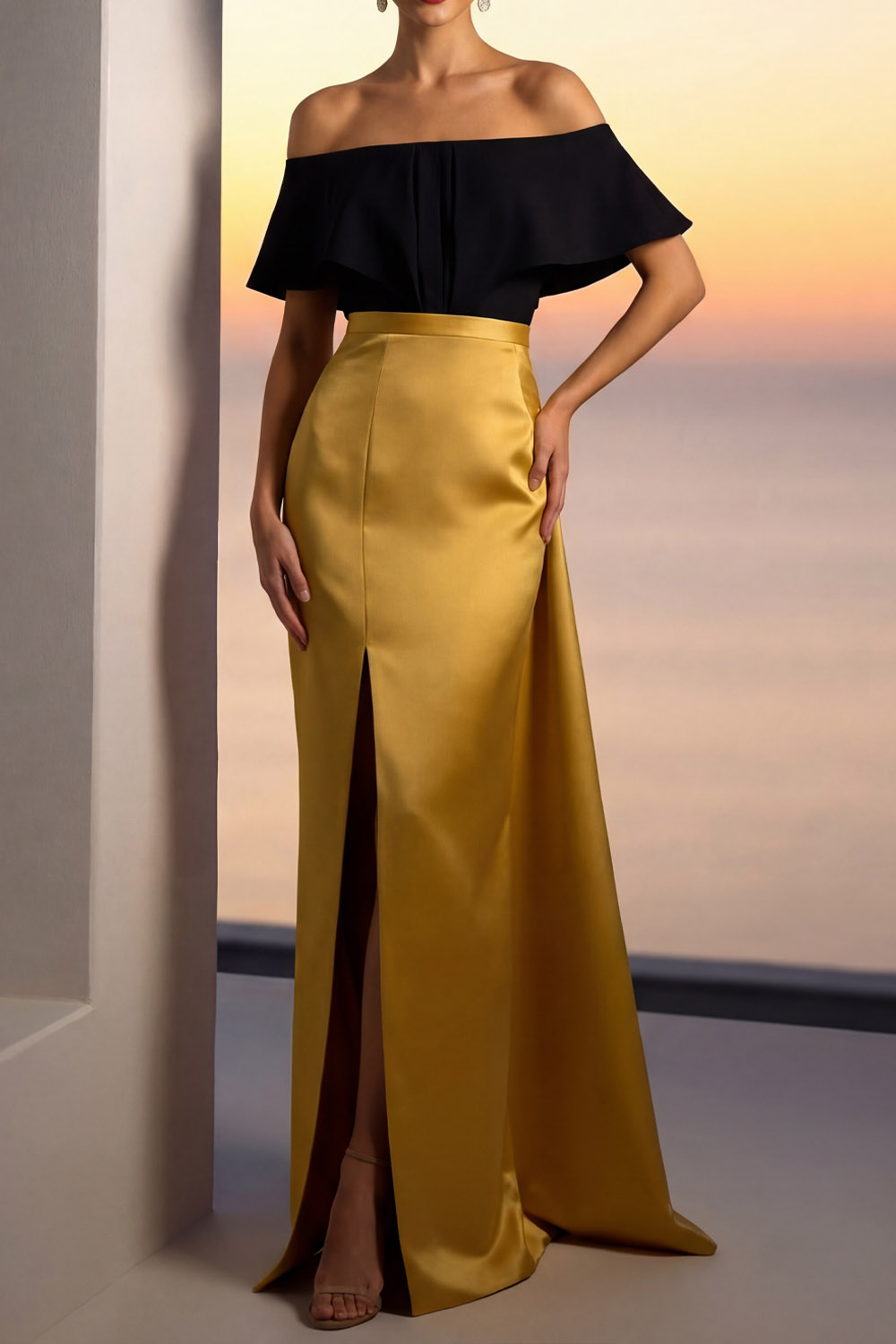 Golden Formal Dress A-Line Off the Shoulder Satin Maxi Dress with Pocket