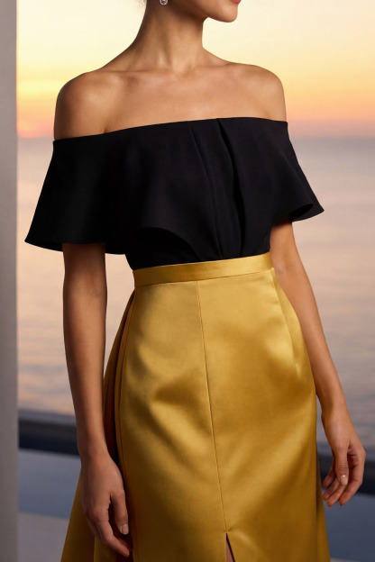 Golden Formal Dress A-Line Off the Shoulder Satin Maxi Dress with Pocket