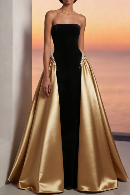Golden Formal Evening Dress A-Line Strapless Beaded Satin Maxi Dress 