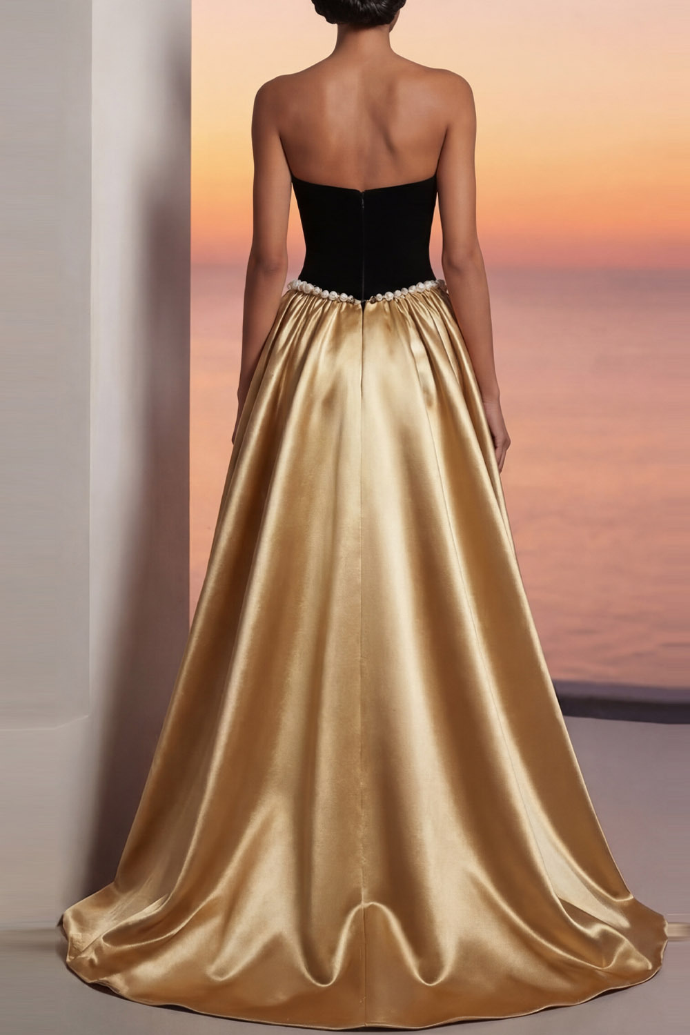 Golden Formal Evening Dress A-Line Strapless Beaded Satin Maxi Dress 
