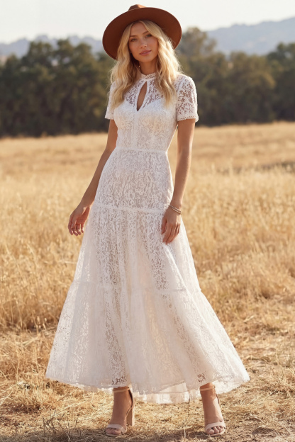 White Boho Dress A-Line Keyhole Short Sleeve Lace Maxi Dress